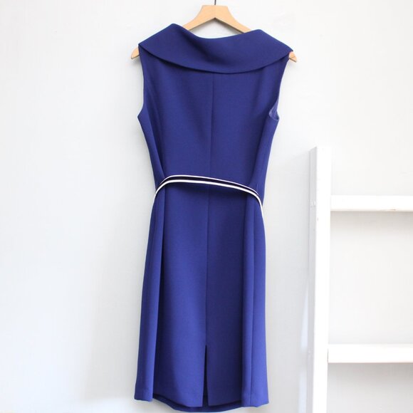 Tahari ASL Blue Black Roll Collar Tailored Sheath Retro Belted Dress Size 12 - Picture 2 of 6